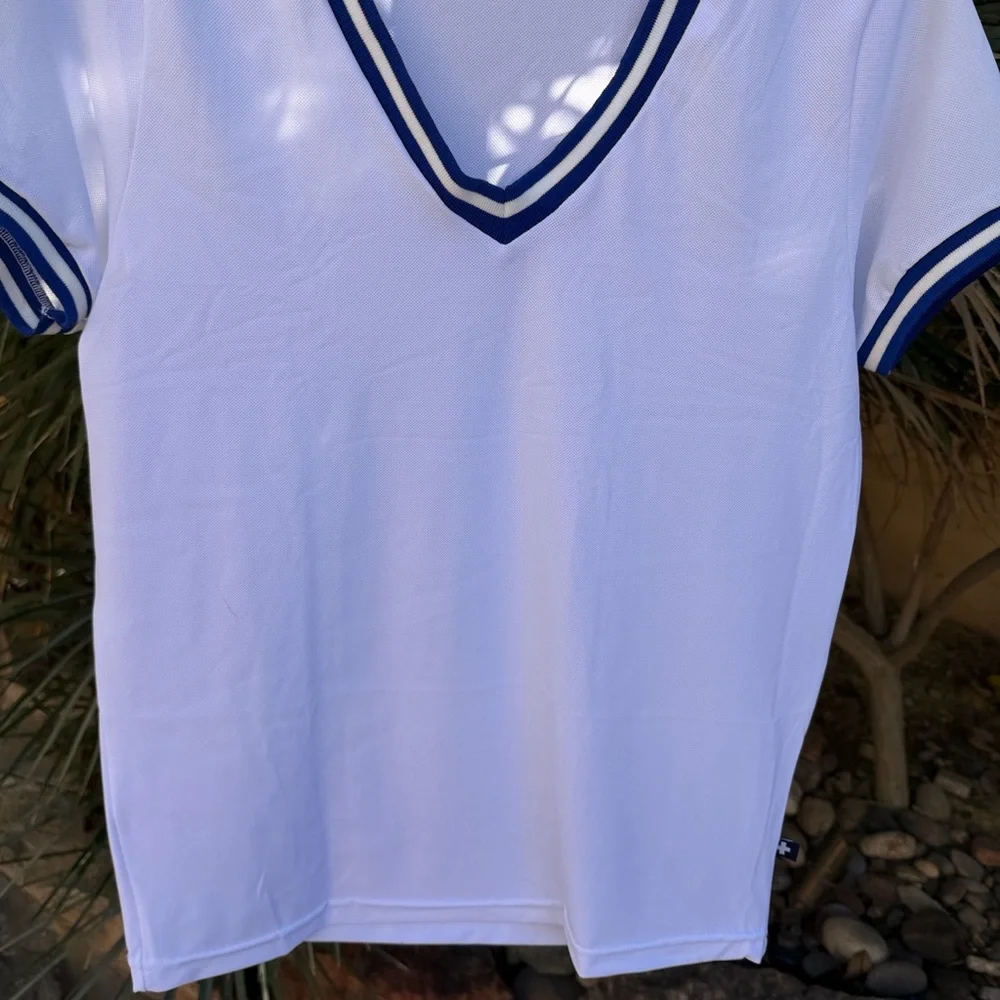 ANDREW CHRISTIAN Mesh Semi Sheer V Neck Polo Shirt Navy White Size S - Picture 6 of 6